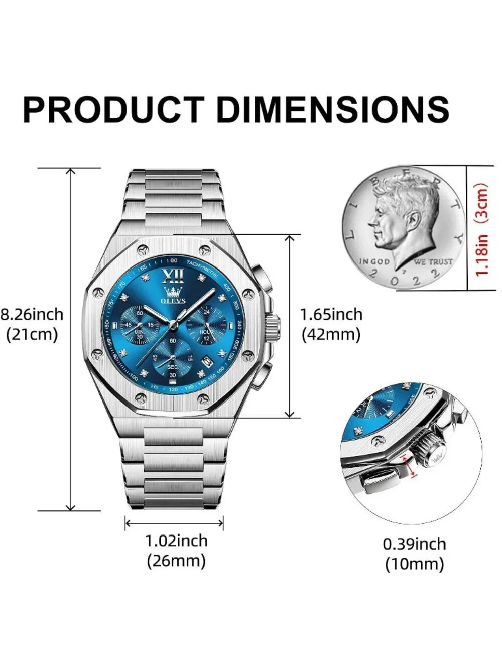 Men's Silver Blue Octagonal Luxury Stainless Steel Analog Large Face Wrist Watch